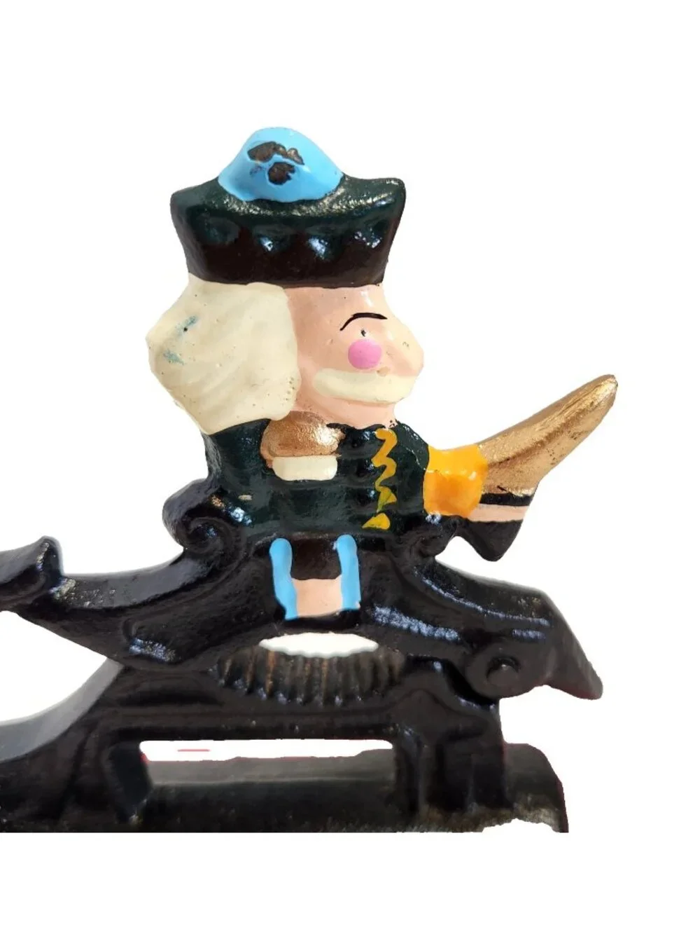 Painted Cast Iron Revolutionary War Soldier Nut Cracker On Wooden Base READ